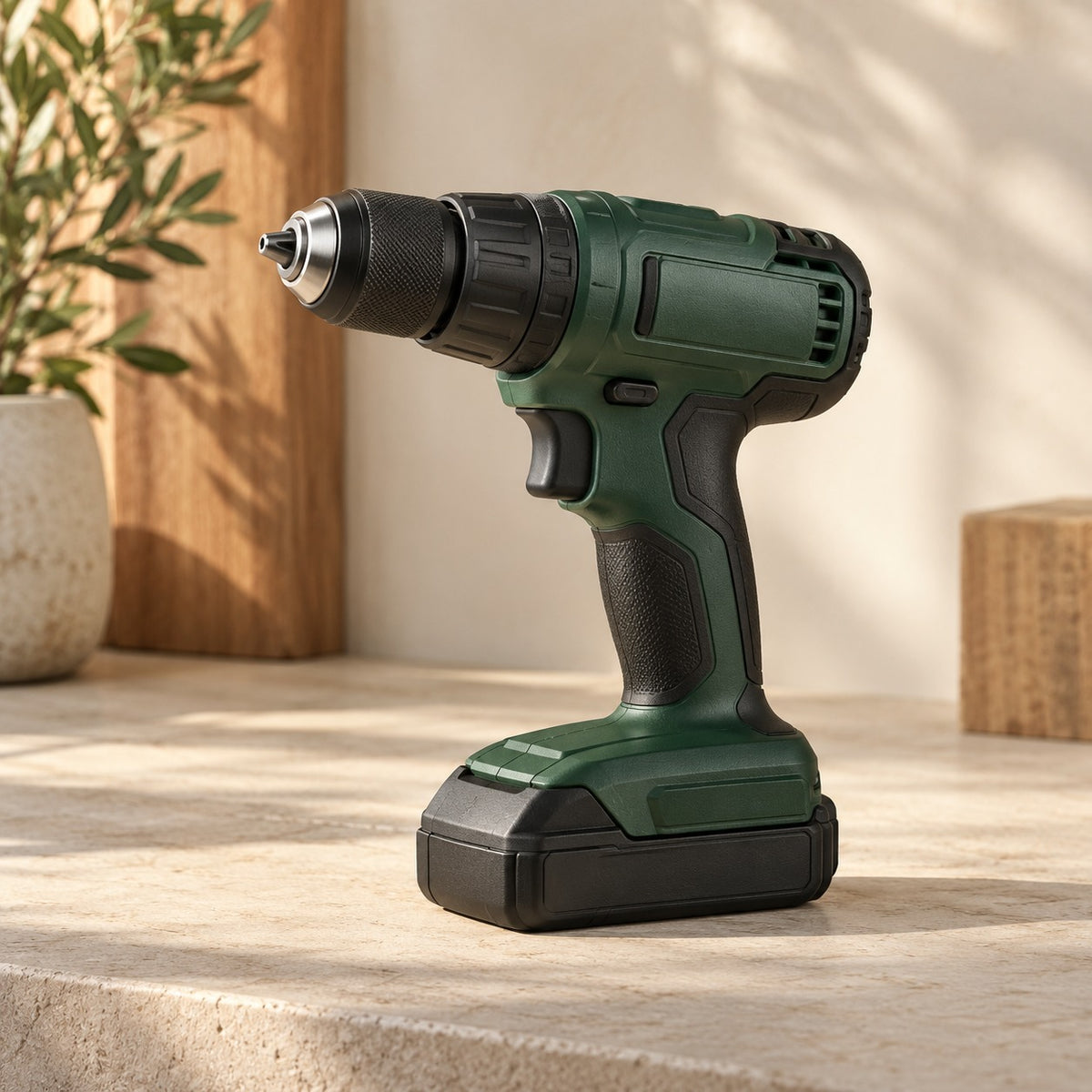 Forest-green cordless drill — view 1