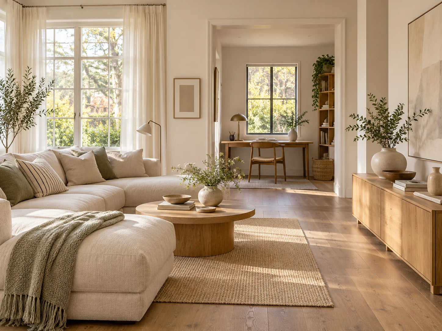 Light-filled home with a natural wood sideboard and a quiet workspace
