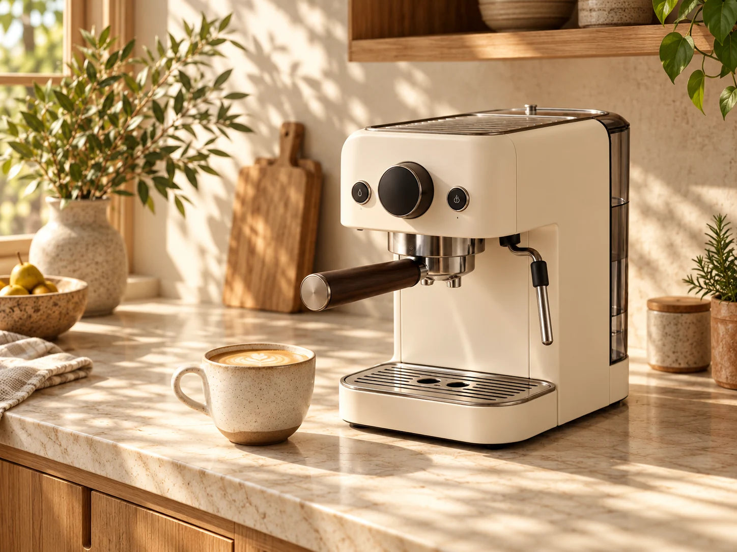 Warm kitchen with a cream coffee appliance