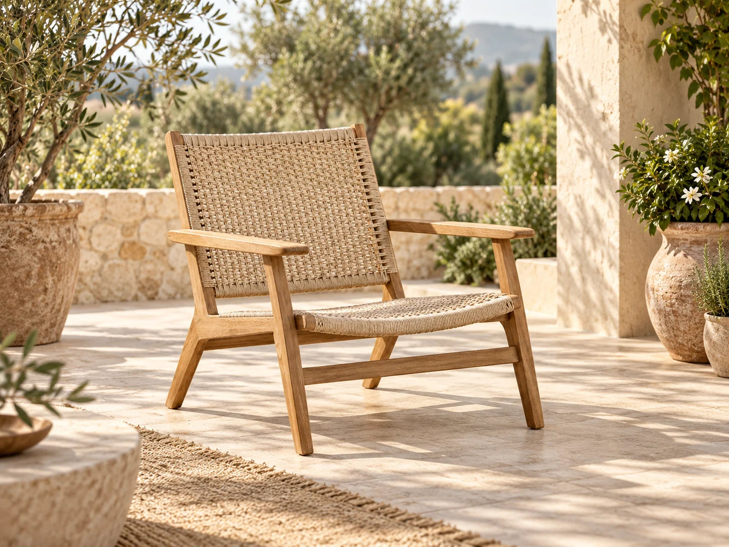Woven lounge chair on a quiet patio