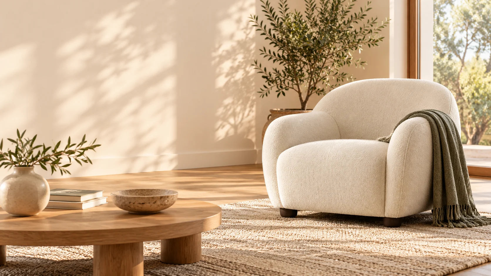 Sunlit living room with a cream lounge chair and natural wood furniture