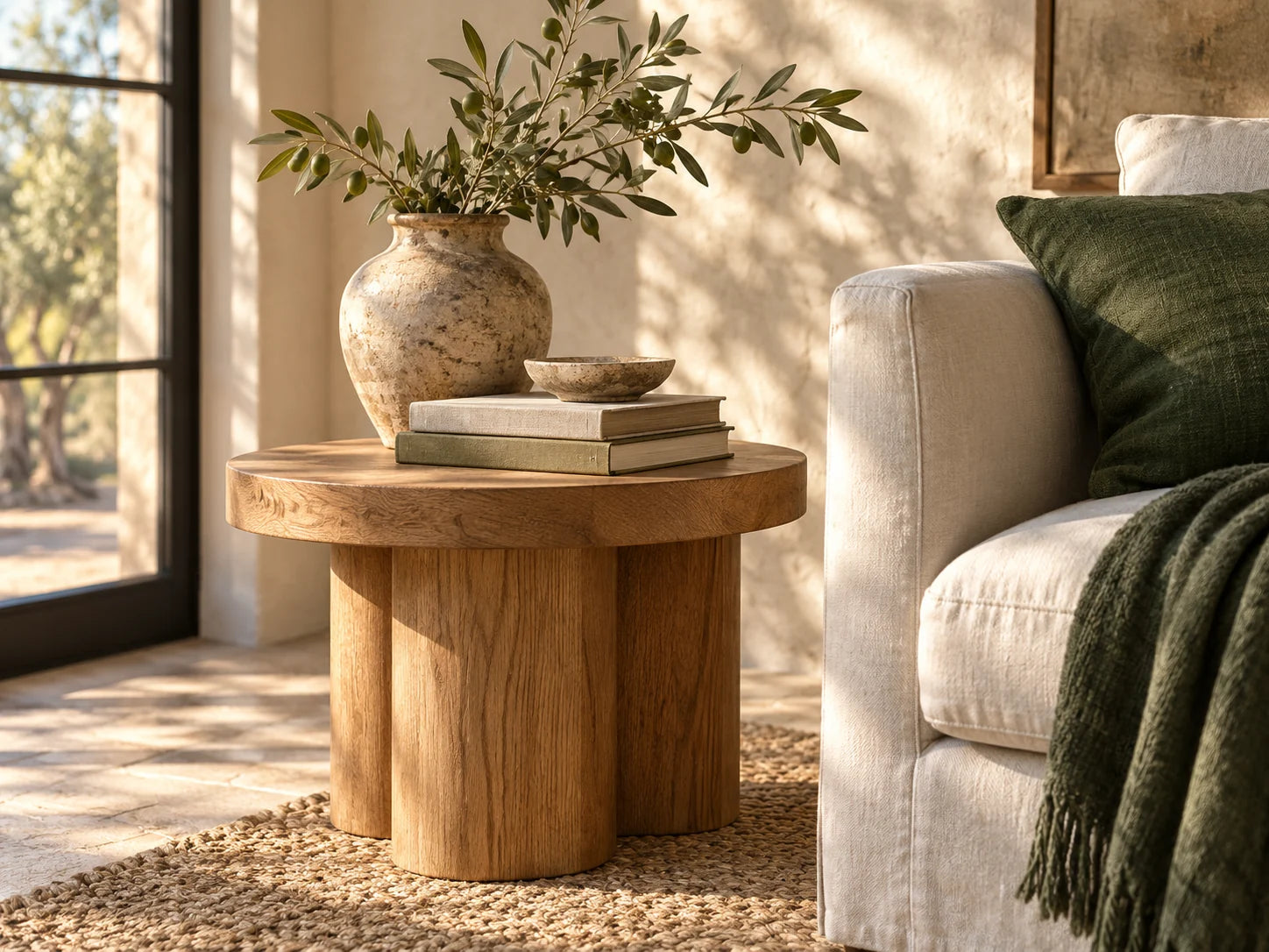 Oak side table and pottery in a quiet reading corner
